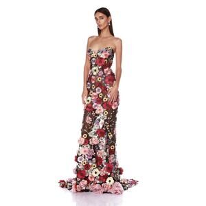 $1500 New Bronx and Banco Jasmine Multi Floral Embroidered Straples Gown Sz L /8